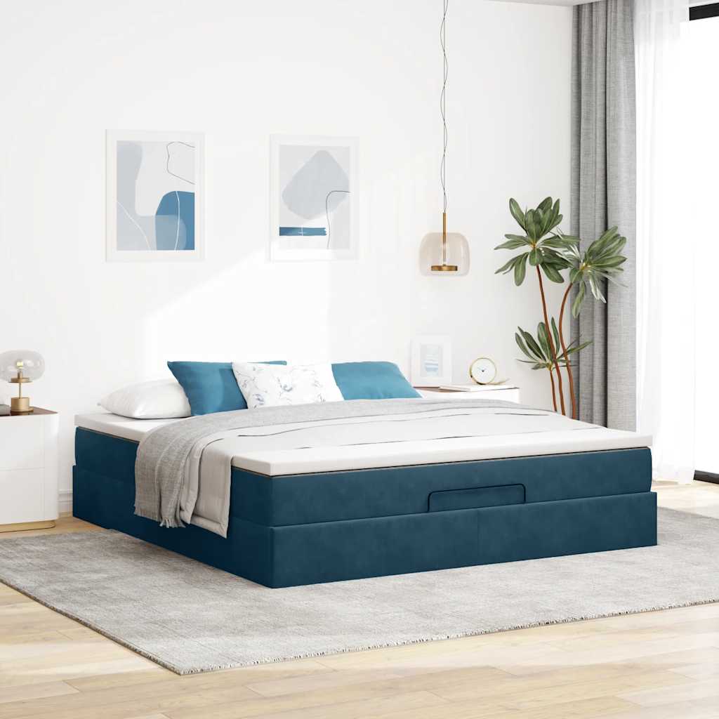 Ottoman Bed with Mattress Dark Blue 160x200 cm Velvet
