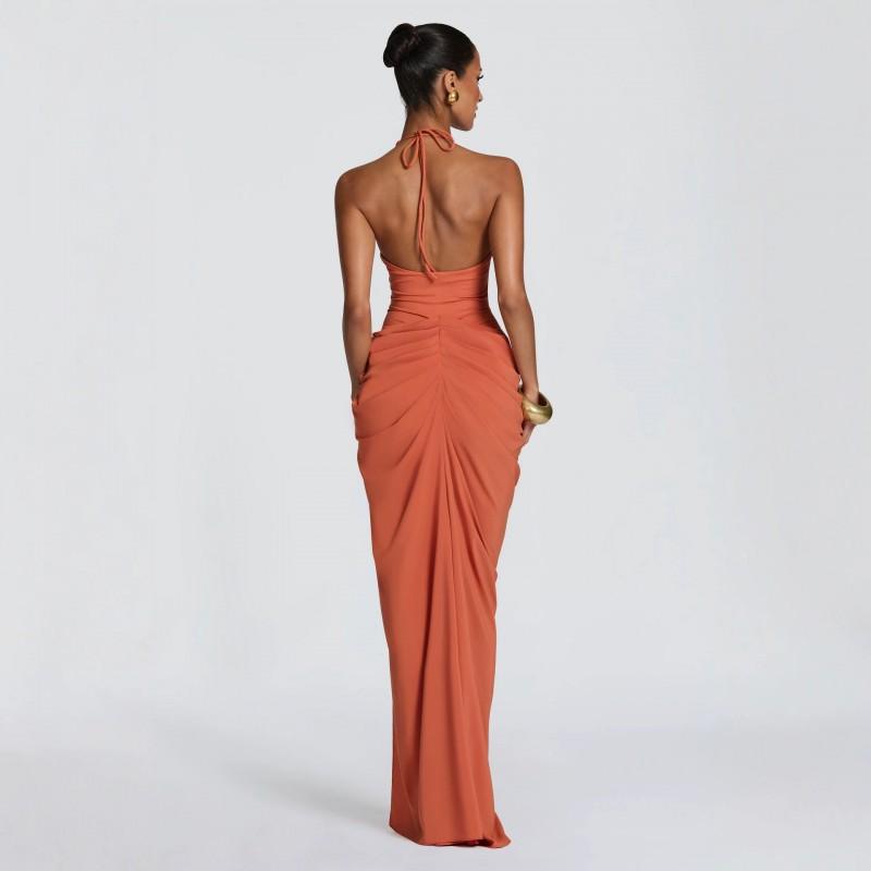 2026 Womens Evening Party Dress Sexy Deep V Neck Halter Backless Slit Ruffle Bodycon Gown
