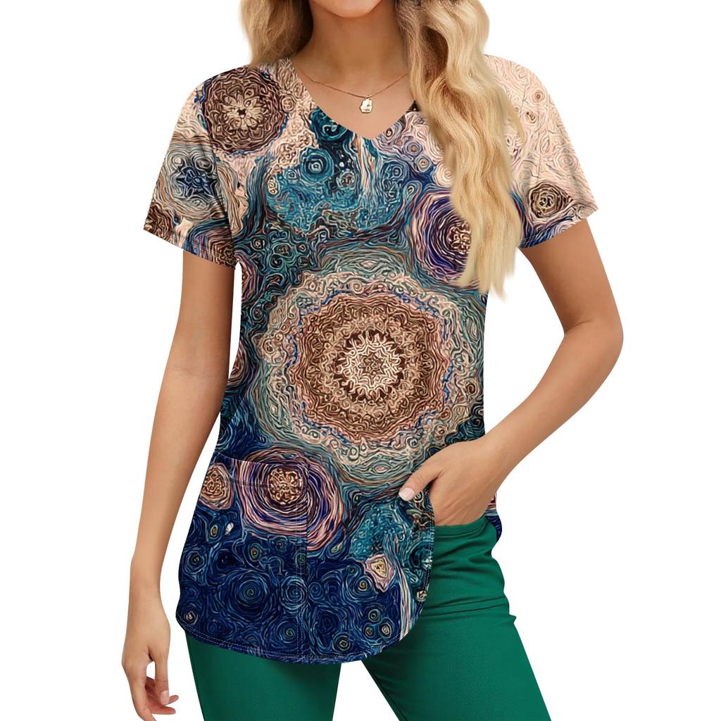 Plus Size Printed Scrub Working Uniform Tops For Women's V-Neck Print Short Sleeve Fun T-Shirts Workwear Tee With Pockets