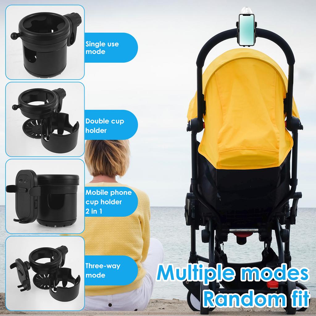 3-In-1 Stroller Cup Holder & Phone Holder Universal Double Hole Pushchair Bottle Organizer Holders 360° Rotating Phone Holders