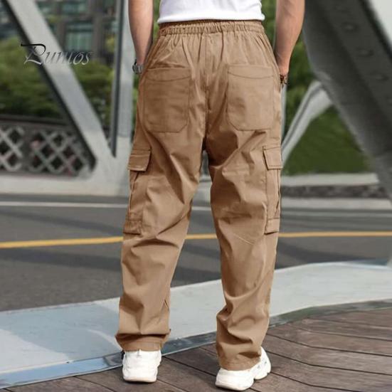 Men Cargo Pants Multi Pockets Drawstring Elastic Waist Solid Color Loose Wide Leg Straight Soft Streetwear Full Length Men Long