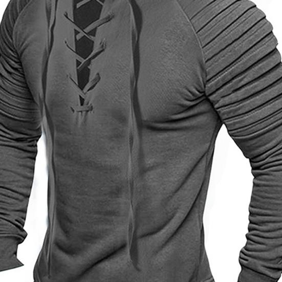 Мужской пуловер на шнуровке в стиле ретро с воротником-стойкой, плиссированные однотонные однотонные футболки с длинными рукавами, облегающие повседневные футболки, уличная одежда