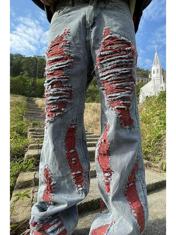 Hip-Hop Ripped Embroidered Jeans - Loose Fit, Trendy Niche Design
