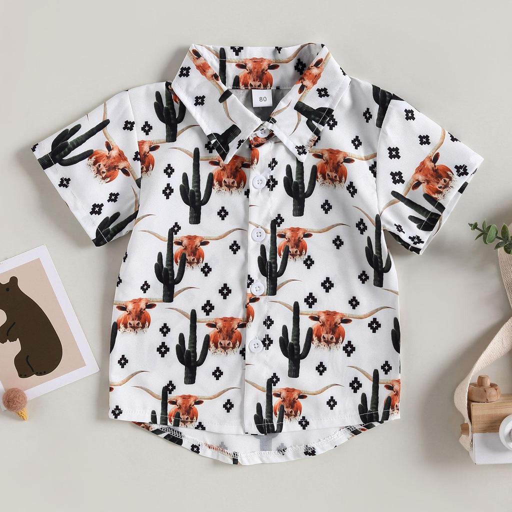 Летние рубашки для маленьких мальчиков, рубашки с короткими рукавами и пуговицами с графическим принтом крупного рогатого скота, кактуса, блузка, топы, детская одежда