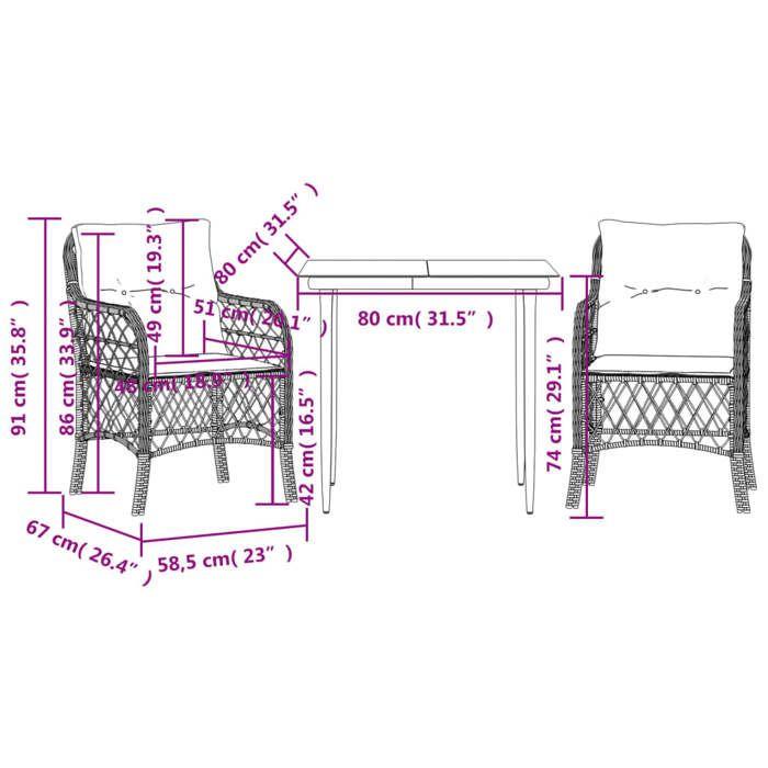 VidaXL Ensemble de Bistro avec Coussins 3 pcs, Table et Chaises de Jardin, Ensemble de Meubles d'Extérieur Balcon, Moderne, 3212082
