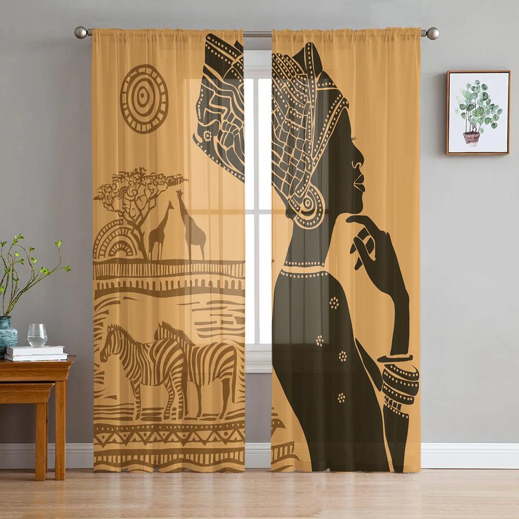 Sunset African Woman Child Tree Silhouettes Tulle Sheer Curtains for Living Room Bedroom Window Curtain Voile Organza Drapes