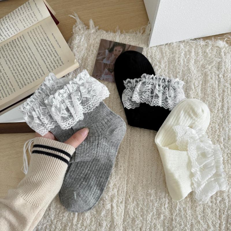 Retro Ballet-style Summer Pure Lace Fringed Pile Socks for Women, Thin Combed Cotton Versatile Short Socks
