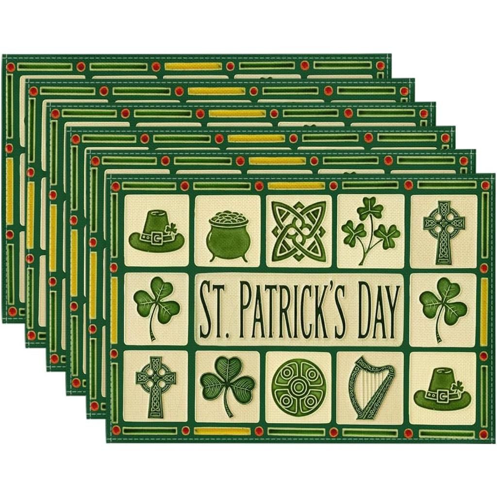 4/6pcs Celtic Cross Shamrocks Harp St. Patrick'S Day Placemats, 12X18 Inch Lucky Irish Spring Table Mats for Party Kitchen Dining Decoration
