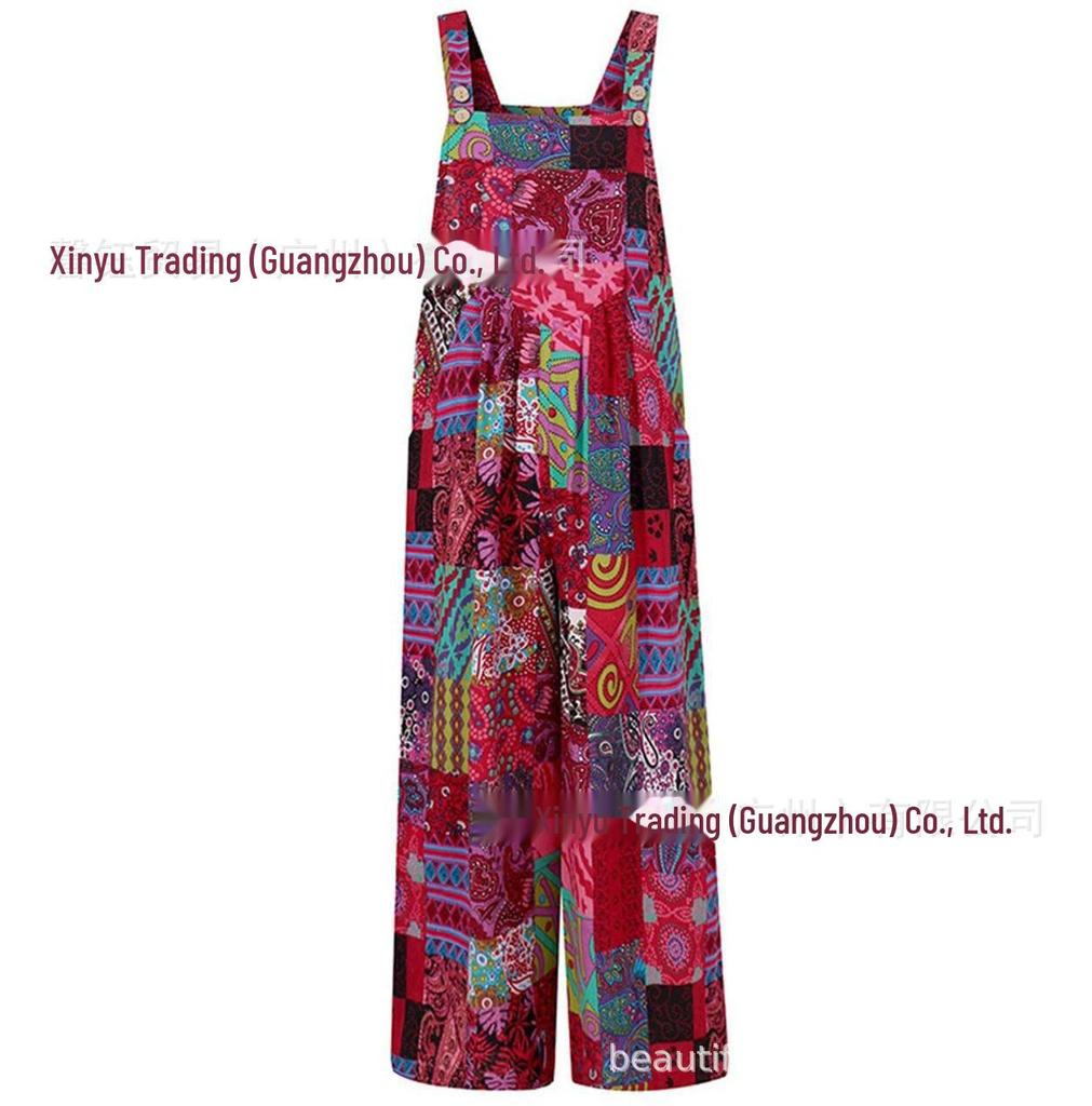Весна 2023 г. Женский комбинезон с этническим принтом в стиле пэчворк и пуговицами