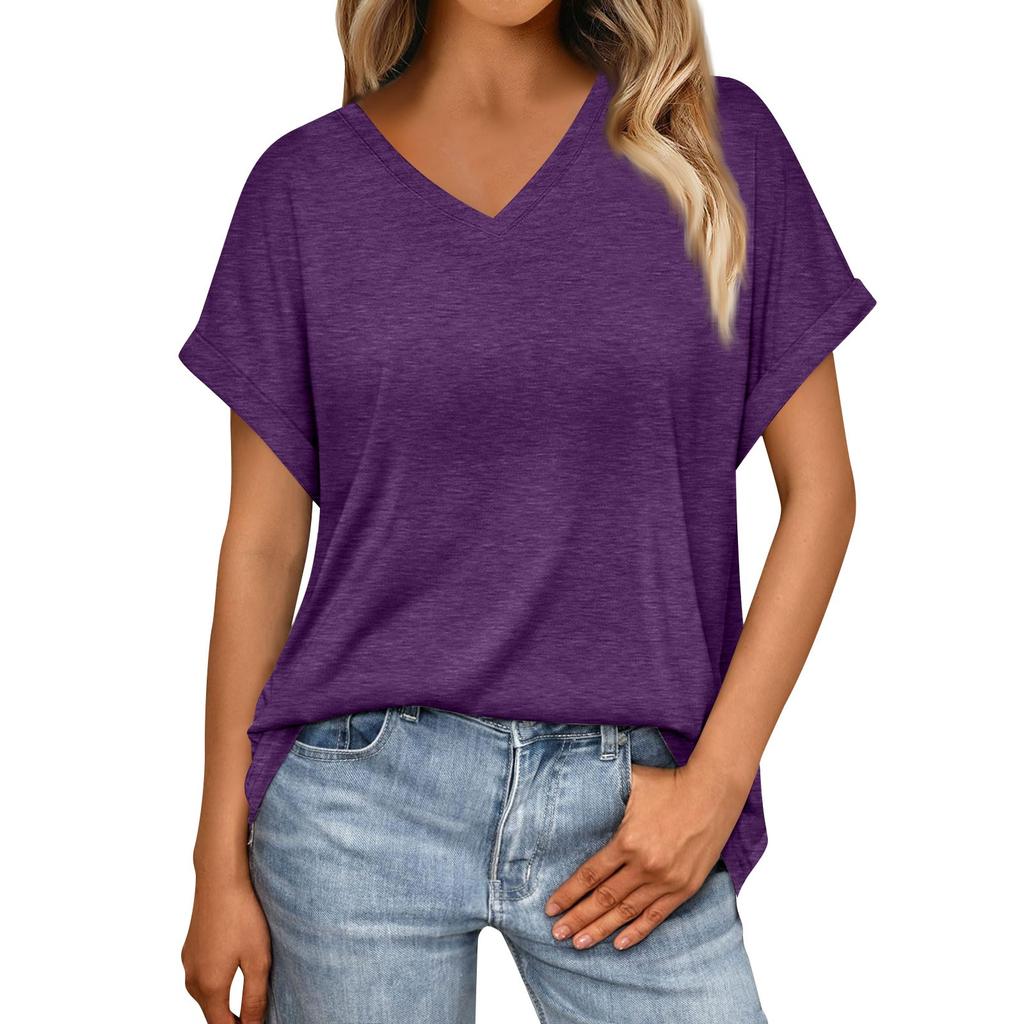 Women's Summer Fashion Solid Color V-Neck Loose Short Sleeve T-Shirt Top