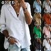 Женские модные повседневные однотонные блузки и рубашки с v-образным вырезом и длинным рукавом с принтом