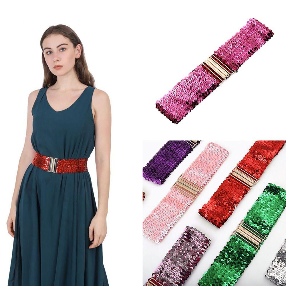 Eye Catching Shinny Waistband Gold Buckle Disc Belts Special Design Sequin Stretch Belt Women Girl