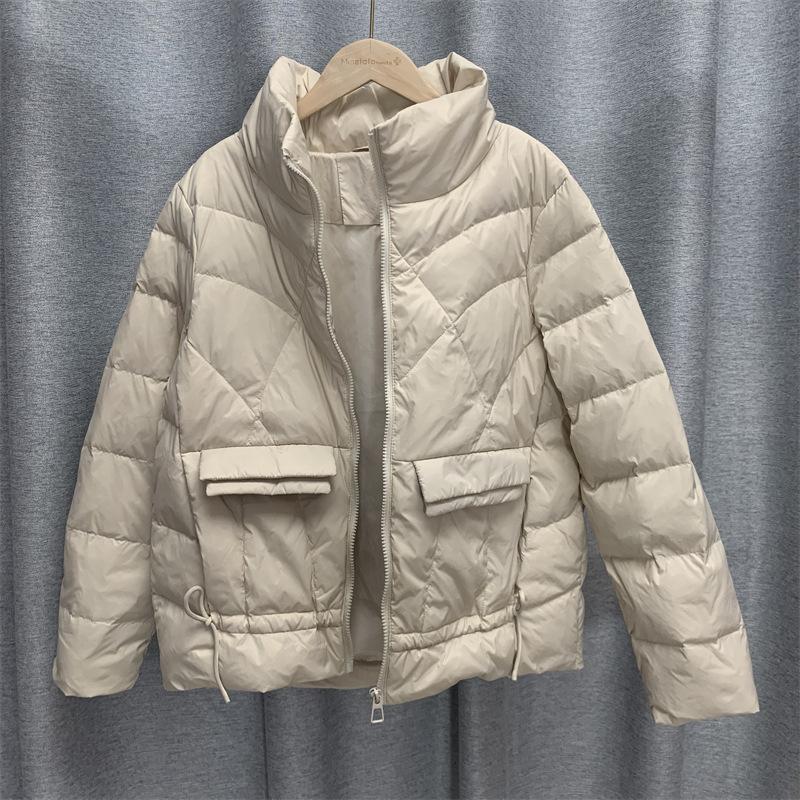 Женская осенне-зимняя куртка на белом утином пуху, стеганая парка с коротким воротником-стойкой и карманом, свободная тонкая однотонная куртка
