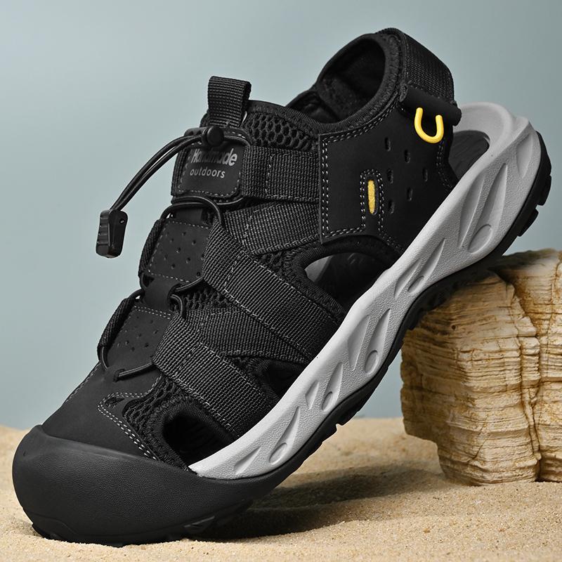 Summer Men's Hollow Leather Beach Sandals Toe Cap Outdoor Sports Shoes Handmade Mesh Shoes