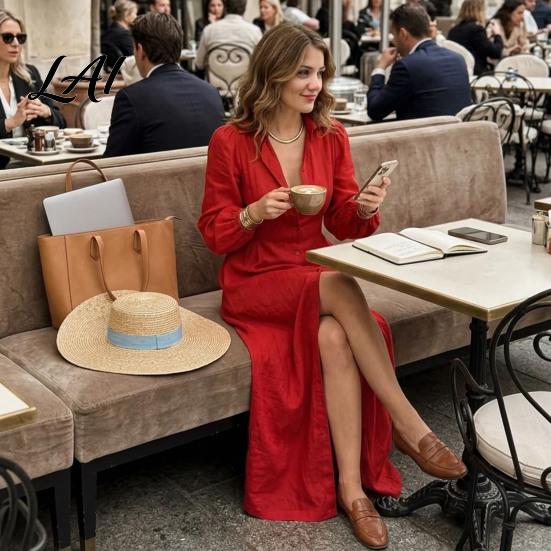 Collared Shirt Style Dresses Women Button Front Dress Long Sleeve Turn-down Collar Solid Color Cinched Waist Dress for Daily Office Up