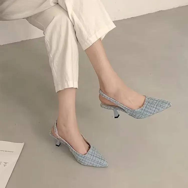 Брендовые дизайнерские туфли на высоком каблуке с открытой пяткой, женские синие туфли с острым носком для вечеринок, летние босоножки на тонком каблуке для женщин 2024 г.