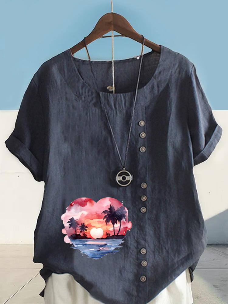 Women's Fashion Heart-shaped Scenery Printing Shot Sleeve T-shirt Loose Cotton Shirt Casual Loose Summer Blouse Tops Plus Size