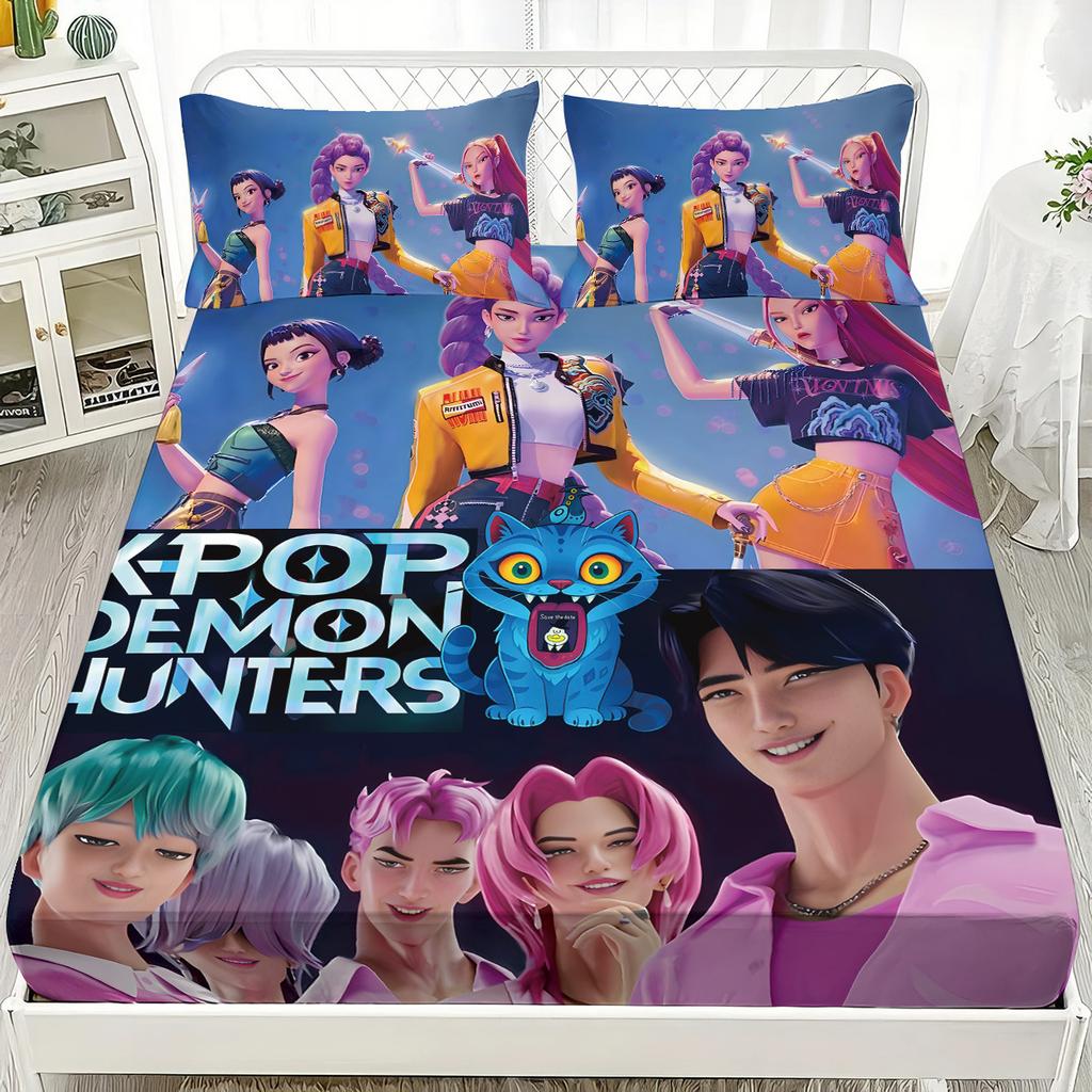 Saja Boys Team Fitted Sheet DemonHunters Print Coreless Fitted Sheet Set Multi Size Soft Bedspread Bedroom Bedding Decoration