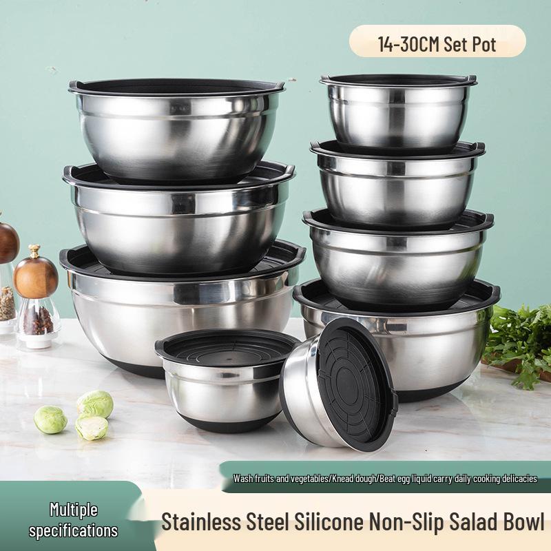 Non-Magnetic Stainless Steel Salad Bowl with Silicone Non-Slip Base and Lid – Perfect for Mixing, Baking, and Dough Kneading