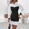 Color Block Pleated Office Skirt Layered Collar Dress