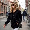 Women Velvet Coat Button Front Hoodie, Long Sleeve Hooded Jacket, Soft Outerwear Loose Fit Casual Drawstring for Autumn Winter Elegant Lounge Wear