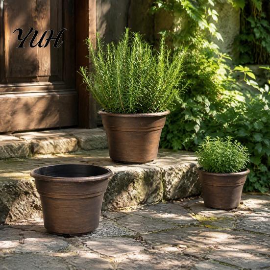 Drainage Pots for Succulents Retro Flower Pot with Saucer, Bronze Finish Plant Holes, Distressed Planters Breathable Thickened Plastic Planter Indoor