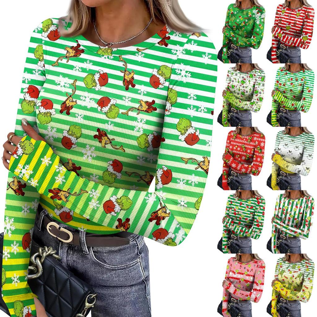 Women's Slim Fit Base Layer T-Shirt, Christmas Graphic Long Sleeve Crewneck Top with Thumb Holes