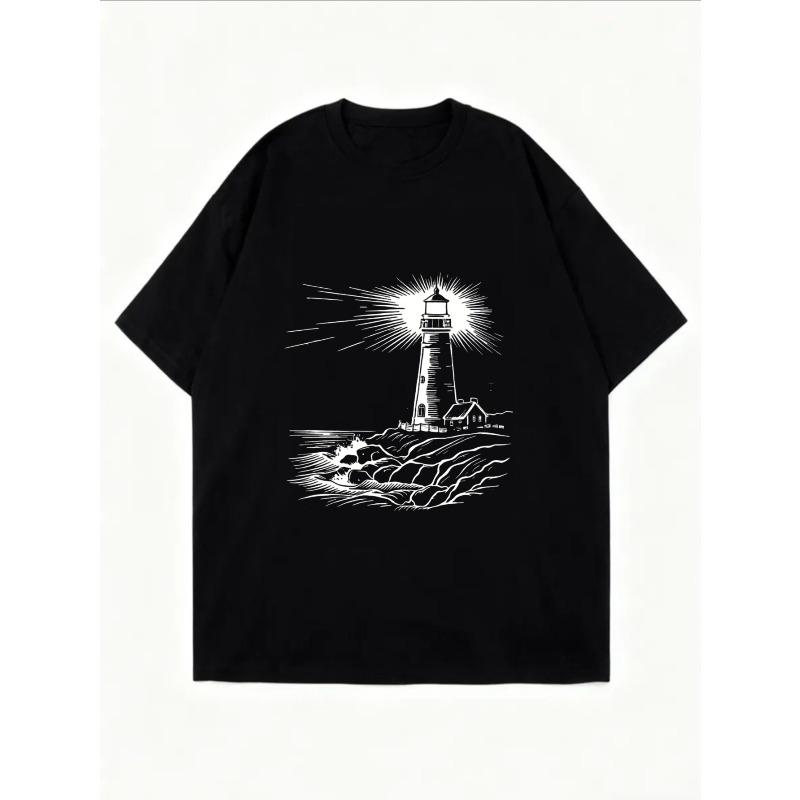 White Oversized T-Shirt With Lighthouse Print For Casual Wear