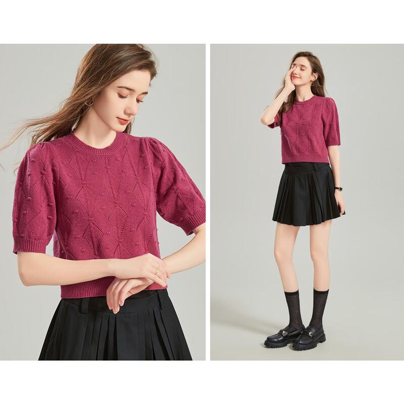 Snowforte Women's Wool-Blend Diamond Pattern Puff Sleeve Knit Top