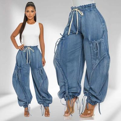 Широкие джинсы со шнуровкой, брюки-карго, сексуальные женские, с высокой талией, элегантные, уличные, джинсовые, свободные брюки