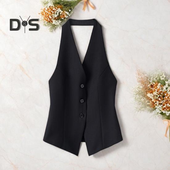 Женский жилет с V-образным вырезом на шее, пиджак на пуговицах с открытой спиной, укороченный жилет без рукавов, винтажный нарядный жилет