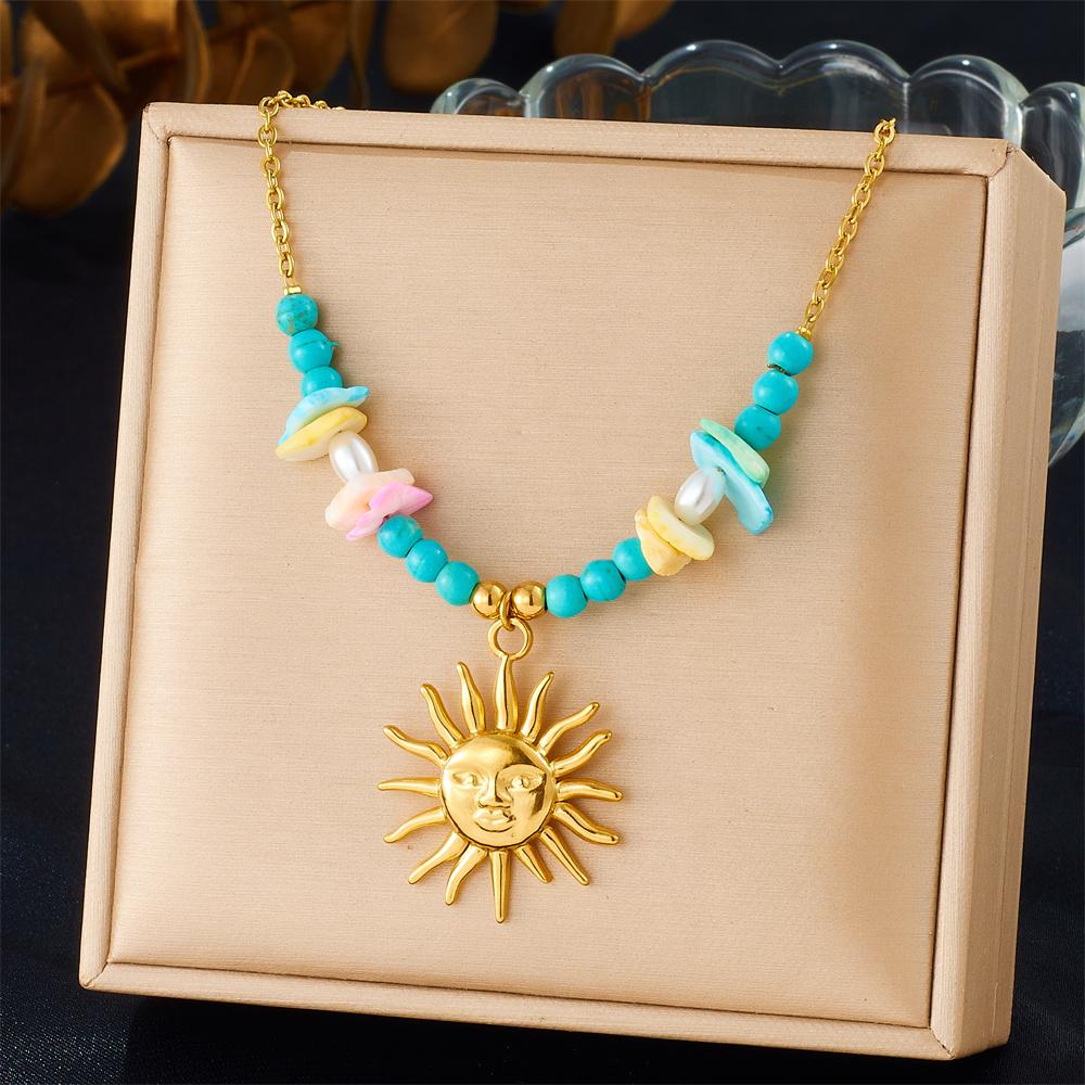 DIEYURO 316L Stainless Steel Golden Personality Sun Serie Multi Pendant Necklace Women New Fashion Neck Chain Vacation Jewelry