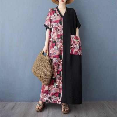 Цветное Лоскутное Черное Длинное Платье Ретро Платье