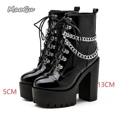 Панк Стиль Супер Высокий Каблук Готические Ботинки Черные Массивный Каблук Металлический Декор Женские Ботильоны Платформа Botas Mujer Размер 35 42 Ботильоны