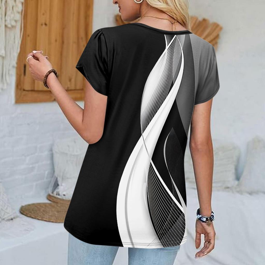 Blouses For Women Dressy Casual, Fashion Print Short Sleeve Retro Print T-Shirt Unique Design  V-Neck Oversized Tshirts