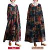 Women Loose Vintage Dress Print Pockets Long Sleeve O-Neck Dress