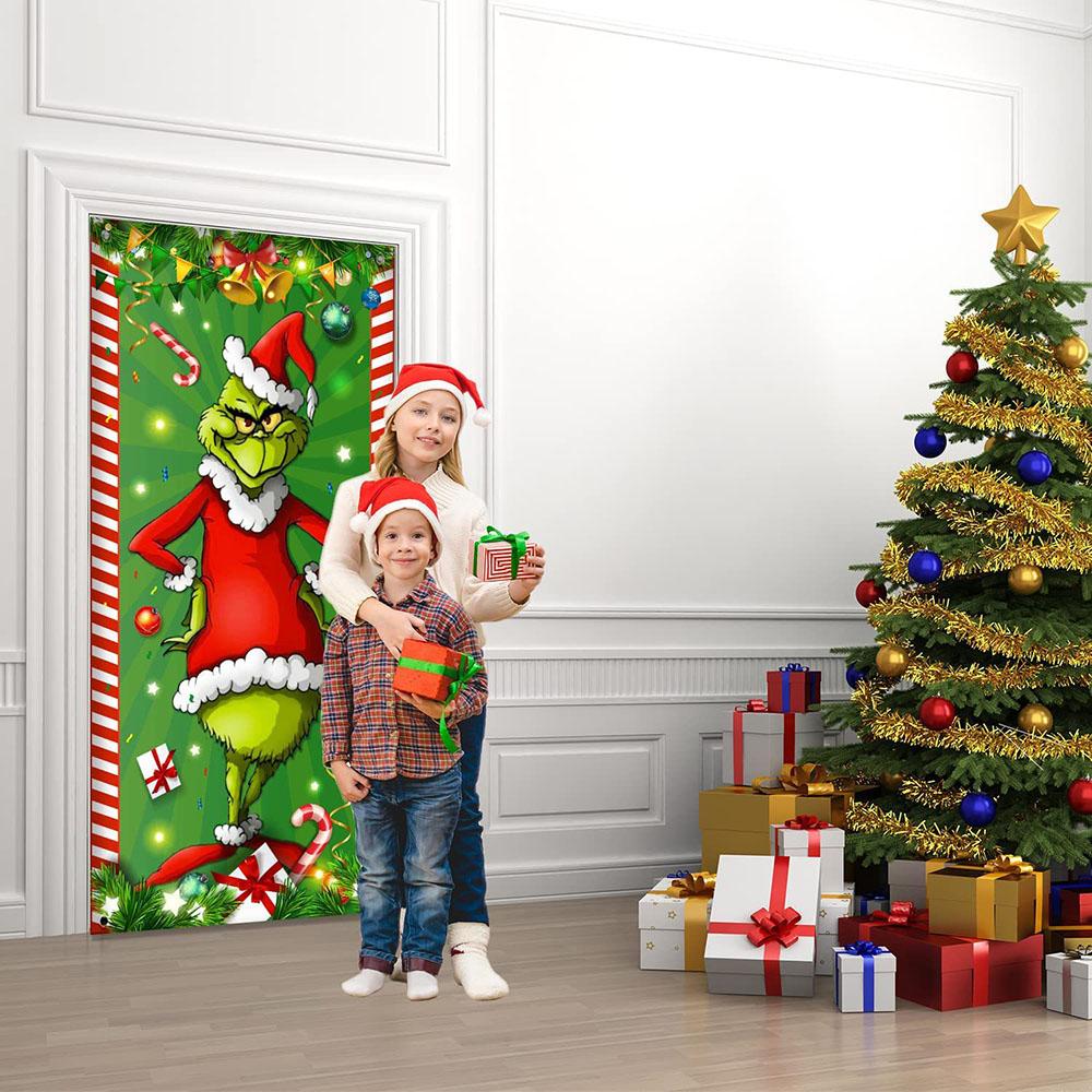 Merry Christmas Grinch Christmas Door Cover Decorations Banner Grinch Green Backdrop