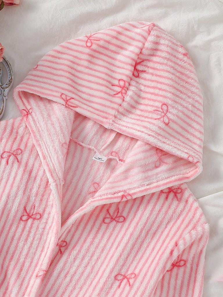 Mädchen Weißes Herz Muster Langarm Kapuzen Bademantel Loungewear Set, Gestreift, Herbst/Winter, Weich Bequem Süß, Schlafanzug Loungewear Indoor Set