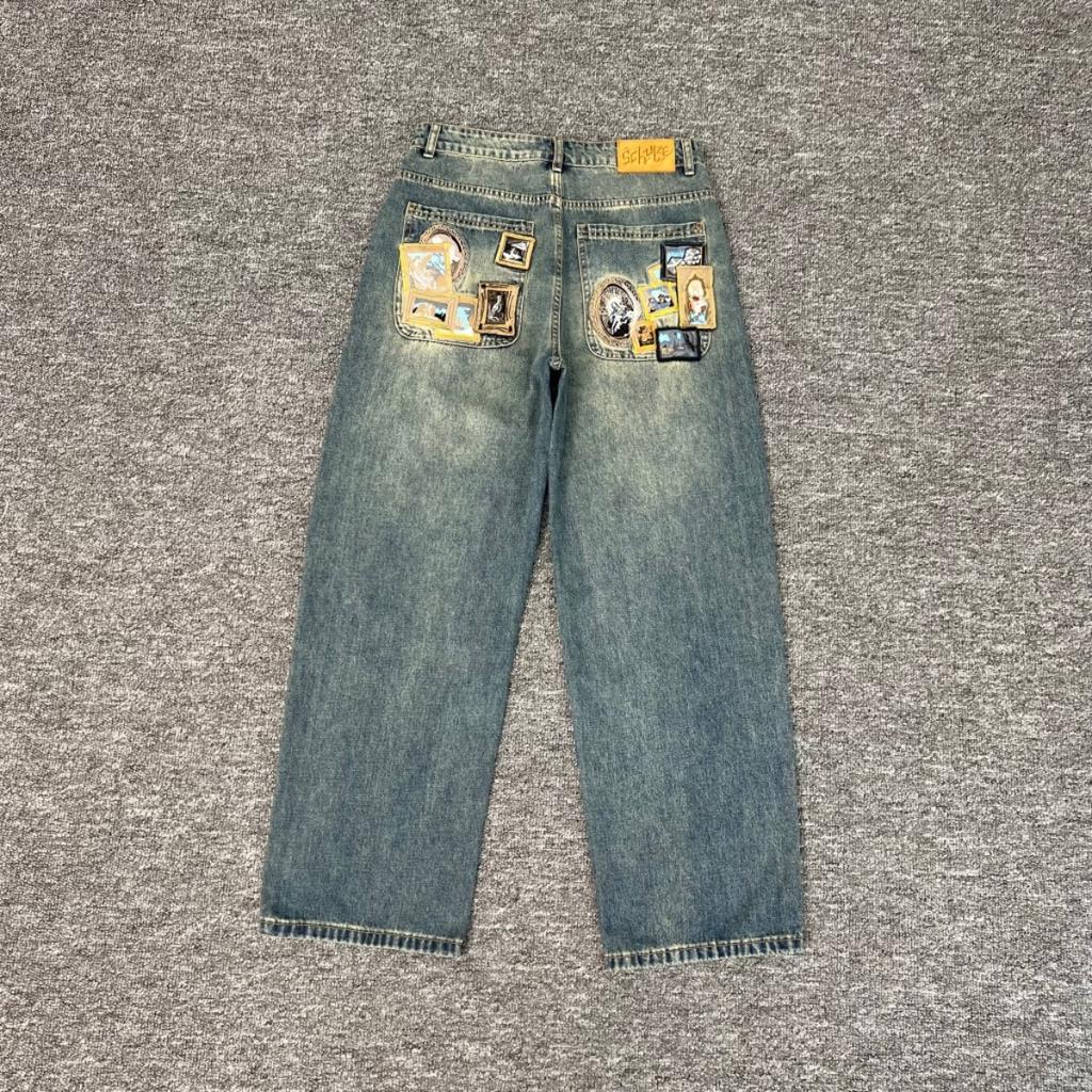 Американский Ретро Харадзюку Цветочная Вышивка Мешковатые Джинсы Мужские Уличный Стиль Модный Стритвир Y2K Повседневные Прямые Брюки