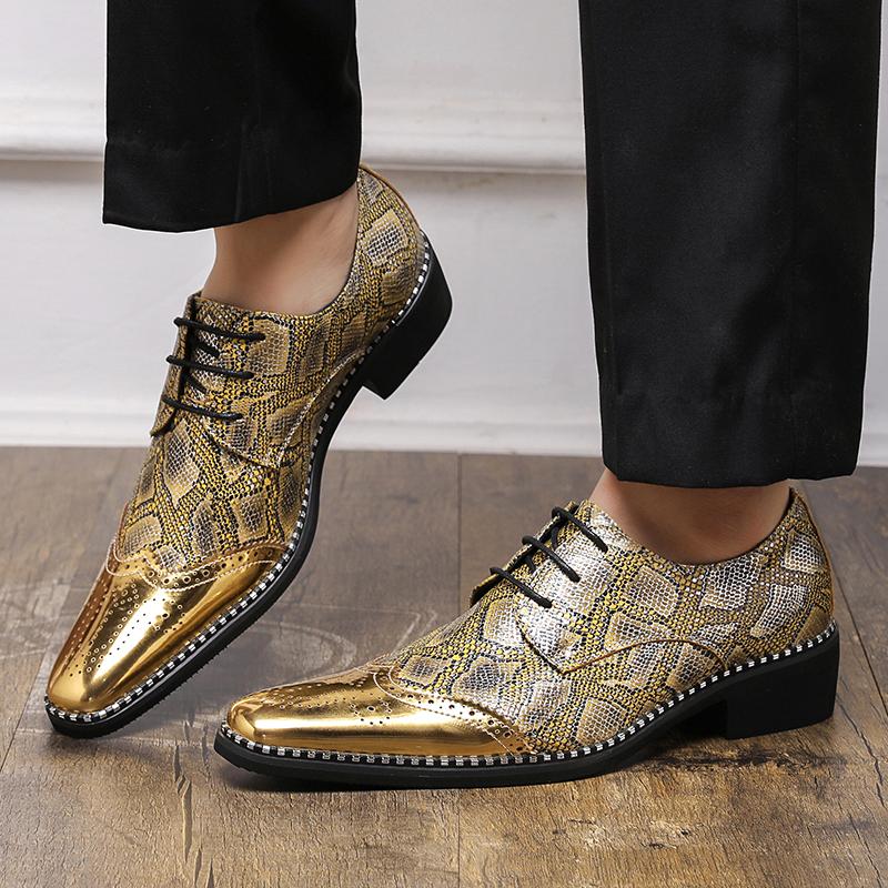 Designer Mens Shoes Gold Silver Snakeskin Patent Leather Shoes Fashion Casual Business Shoe Lace Up Brogues Shoes Zapatos Hombre