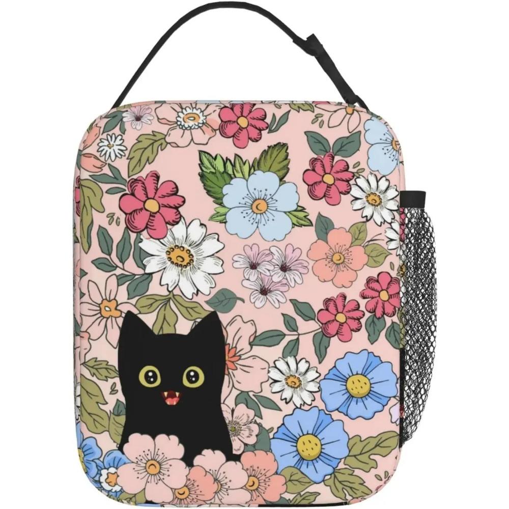 Черный кот ланч-бокс смешной кот ланч-бокс для детей подростков девочек женщин взрослых холодильник изолированный цветочный ланч-бокс для школы работы путешествий