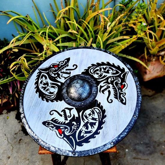 60,96 см Деревянный щит с принтом дракона Копия средневекового щита викинга Щит Вальхаллы Фенрир Серый потертый в бою Щит