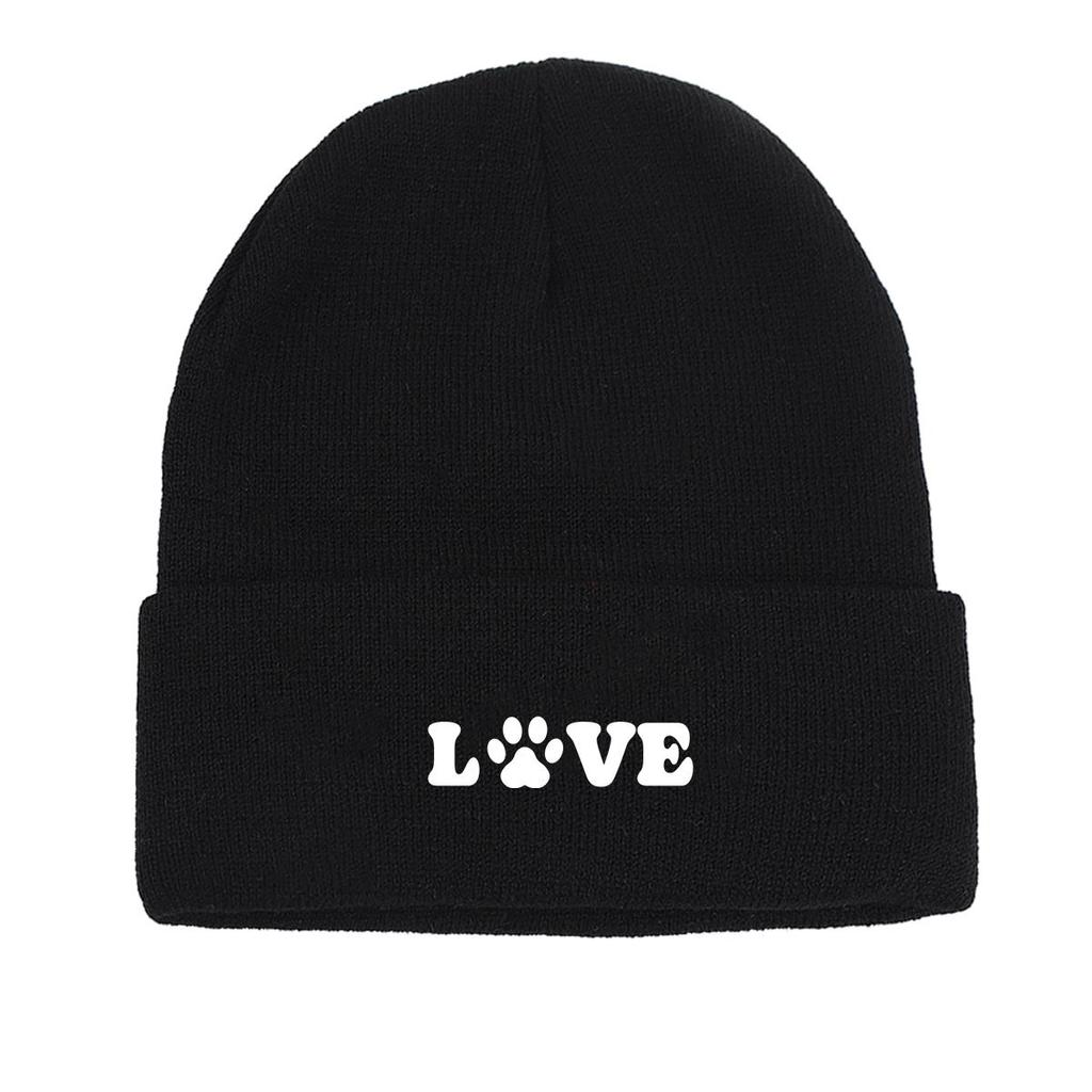 LOVE" Dog Paw Print Print Knit Hat Beanie, Animal Woman Cap Cuff Fit Trendy Gorro Knitted Cap Beanie