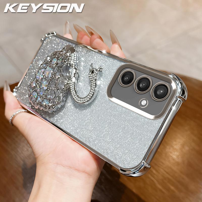 KEYSION Противоударный чехол из ТПУ с гальваническим покрытием для Samsung S24 S25 Ultra S25+ с блестящим инкрустированным драгоценными камнями лебедем-подставкой для Galaxy S24 S25 FE 5G