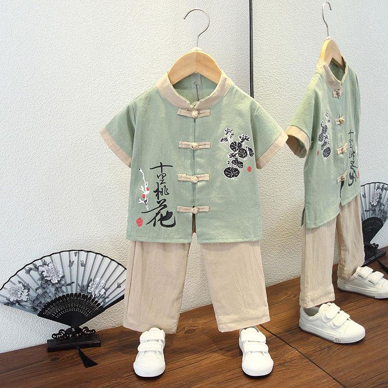 Летний костюм ханбок для мальчиков в стиле «цветение сливы», ретро-детский костюм в стиле Тан, летний костюм для мальчиков и детей в старинном стиле, из хлопка и льна, тонкая секция из пеньки в китайском стиле