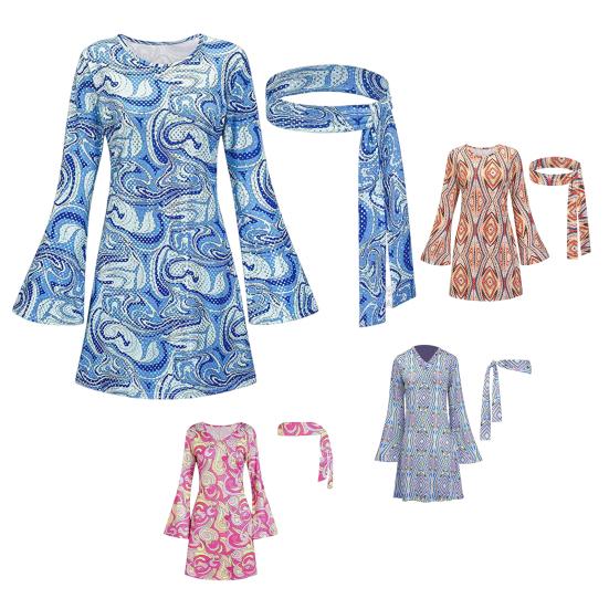 1 комплект, женское платье, комплект с повязкой на голову, ретро с пайетками и рукавами-колокольчиками, свободный крой, с принтом, Хэллоуин, косплей, хиппи, дискотека, танцевальная вечеринка, бронзовое вечернее платье