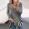 Women Autumn Creative Diagonal Lines Printed Long Sleeve T-Shirts Loose V-Neck Plus Size Tee Shirt Tops Comfy Blouse