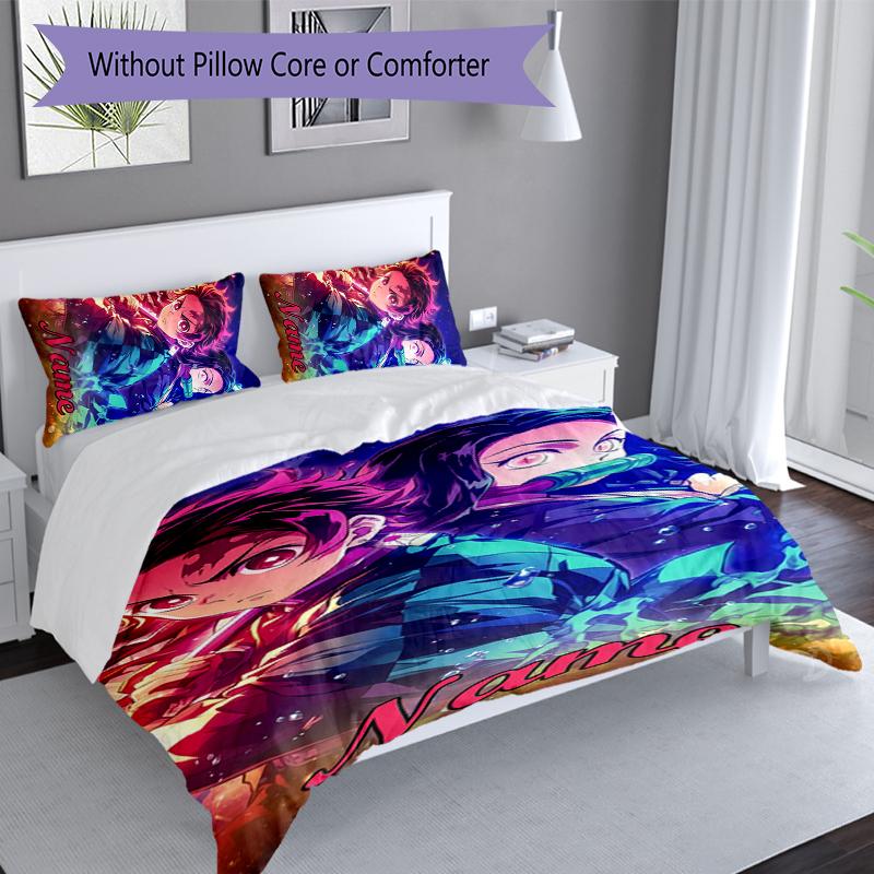 3pcs Custom Name Demon Slayer Tanjiro Kamado Set,Includes 1 Duvet Cover and 2 Pillowcases,All-season Bedroom Decor