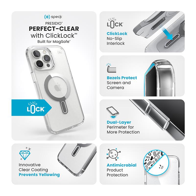 Speck Presidio Perfect-Clear Clicklock & Magsafe - Etui Iphone 16 Pro Max (Clear / Chrome Finish / Serene Silver)