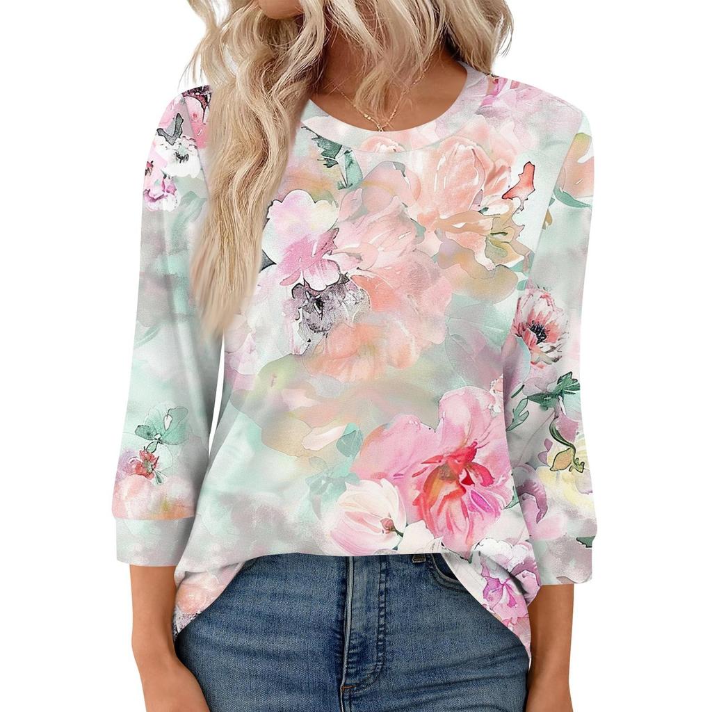 Женская модная повседневная свободная футболка с круглым вырезом и рукавами 3/4 с принтом, женский топ